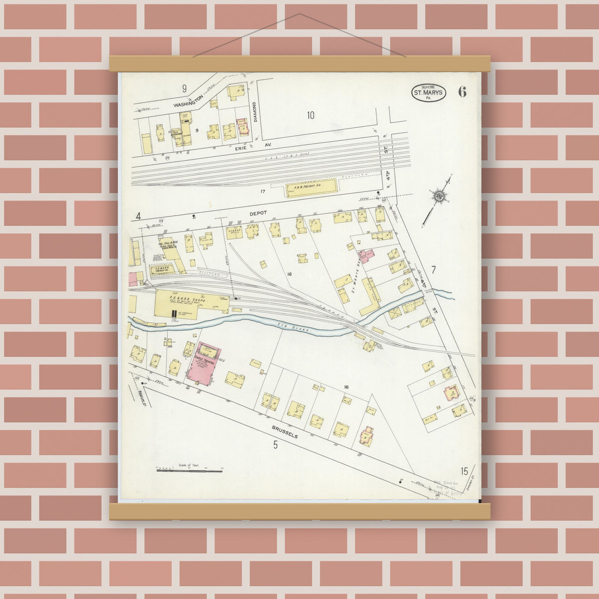 Old map wall art mockup — magnetic wood frame on brick wall — Sanborn Fire Insurance Map from Saint Marys, Elk County, Pennsylvania (1915), Sheet #0006