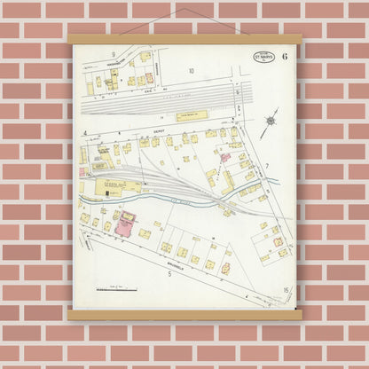 Old map wall art mockup — magnetic wood frame on brick wall — Sanborn Fire Insurance Map from Saint Marys, Elk County, Pennsylvania (1915), Sheet #0006