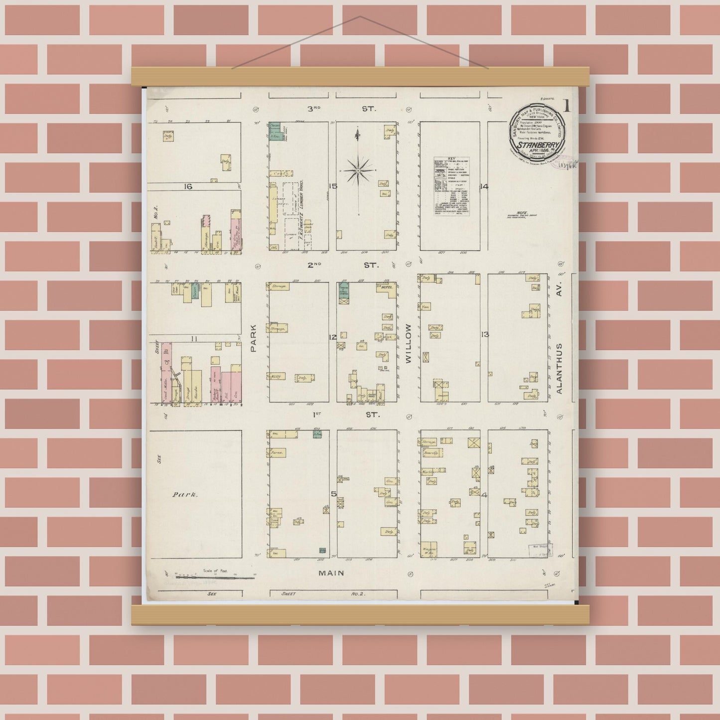 Old map wall art mockup — magnetic wood frame on brick wall — Sanborn Fire Insurance Map from Stanberry, Gentry County, Missouri (1886) - Complete Map Set