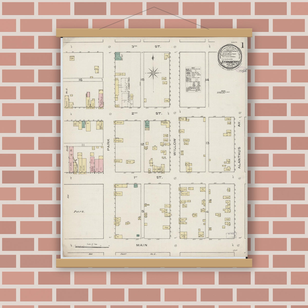 Old map wall art mockup — magnetic wood frame on brick wall — Sanborn Fire Insurance Map from Stanberry, Gentry County, Missouri (1886) - Complete Map Set