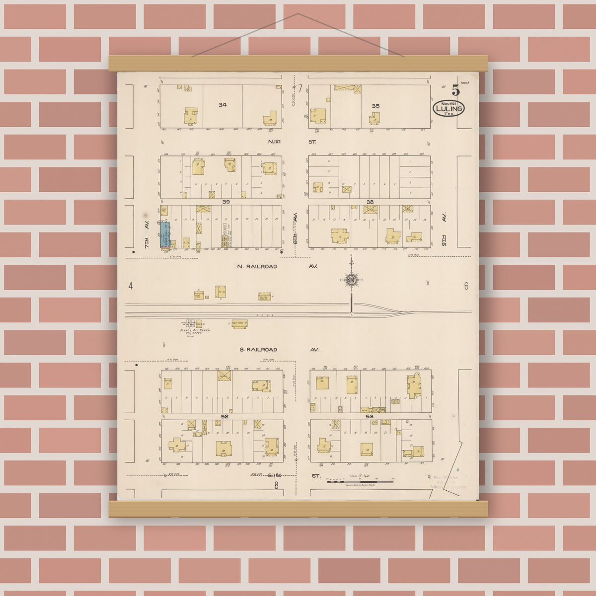 Old map wall art mockup — magnetic wood frame on brick wall — Sanborn Fire Insurance Map from Luling, Caldwell County, Texas (1921), Sheet #0005