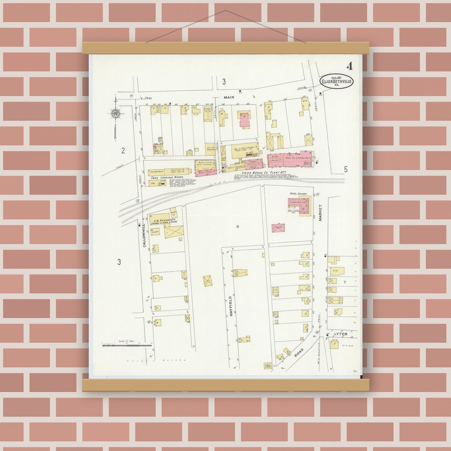 Old map wall art mockup — magnetic wood frame on brick wall — Sanborn Fire Insurance Map from Elizabethville, Dauphin County, Pennsylvania (1911), Sheet #0004