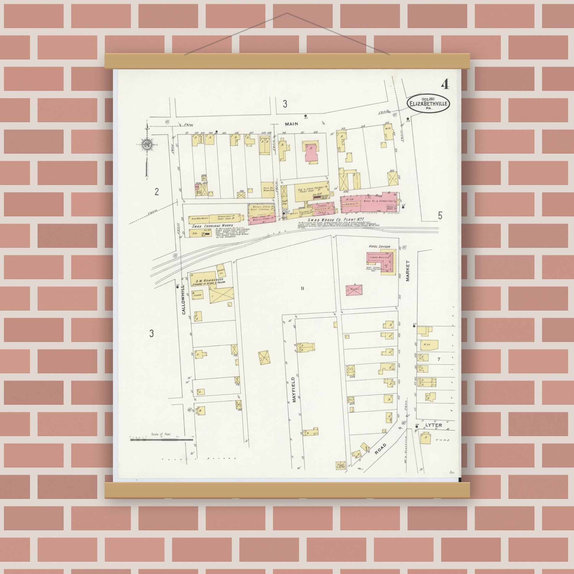 Old map wall art mockup — magnetic wood frame on brick wall — Sanborn Fire Insurance Map from Elizabethville, Dauphin County, Pennsylvania (1911), Sheet #0004