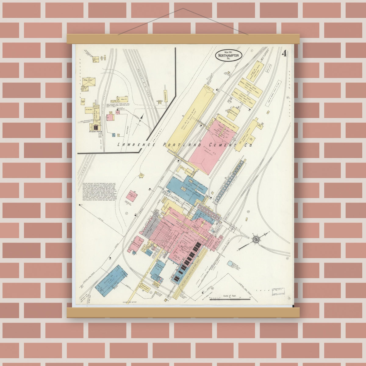 Old map wall art mockup — magnetic wood frame on brick wall — Sanborn Fire Insurance Map from Northampton, Northampton County, Pennsylvania (1911), Sheet #0004