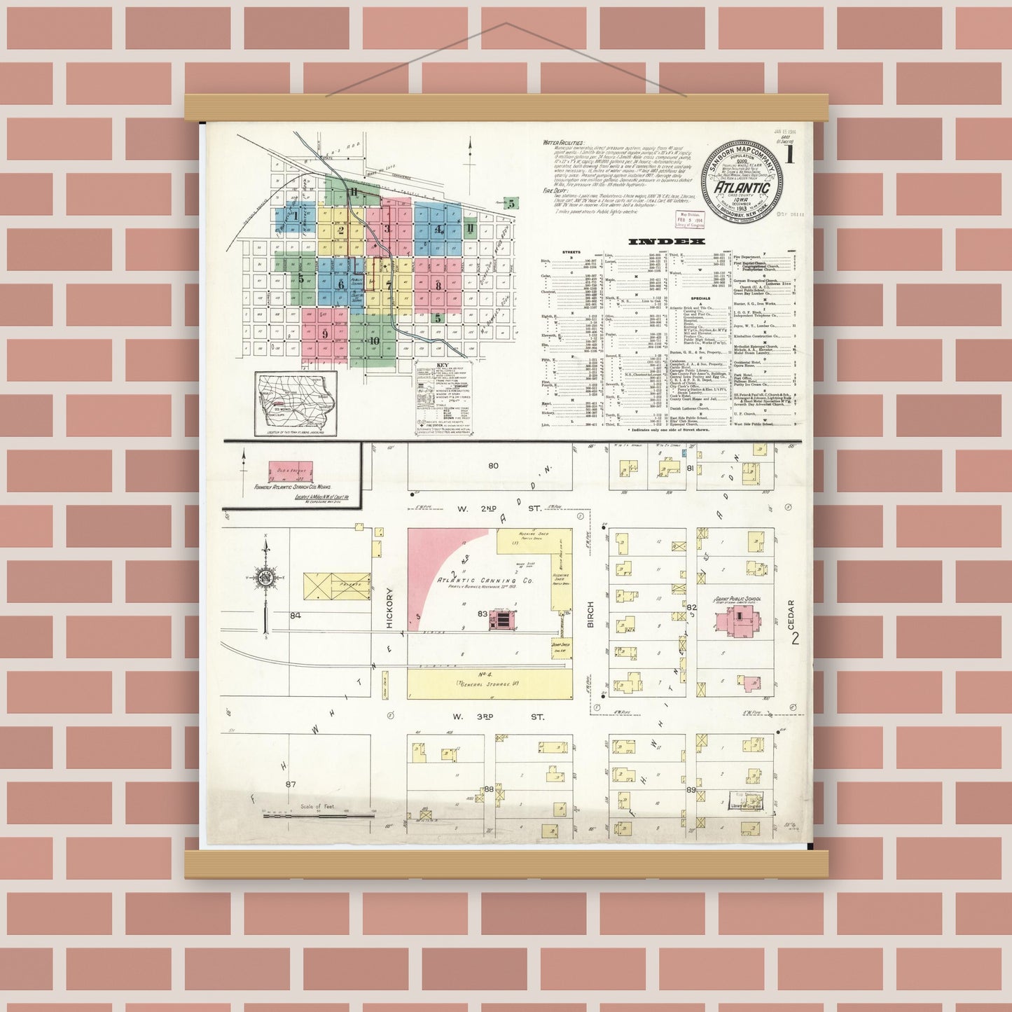Old map wall art mockup — magnetic wood frame on brick wall — Sanborn Fire Insurance Map from Atlantic, Cass County, Iowa (1913) â€” Complete Set