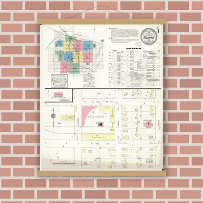 Old map wall art mockup — magnetic wood frame on brick wall — Sanborn Fire Insurance Map from Atlantic, Cass County, Iowa (1913) â€” Complete Set