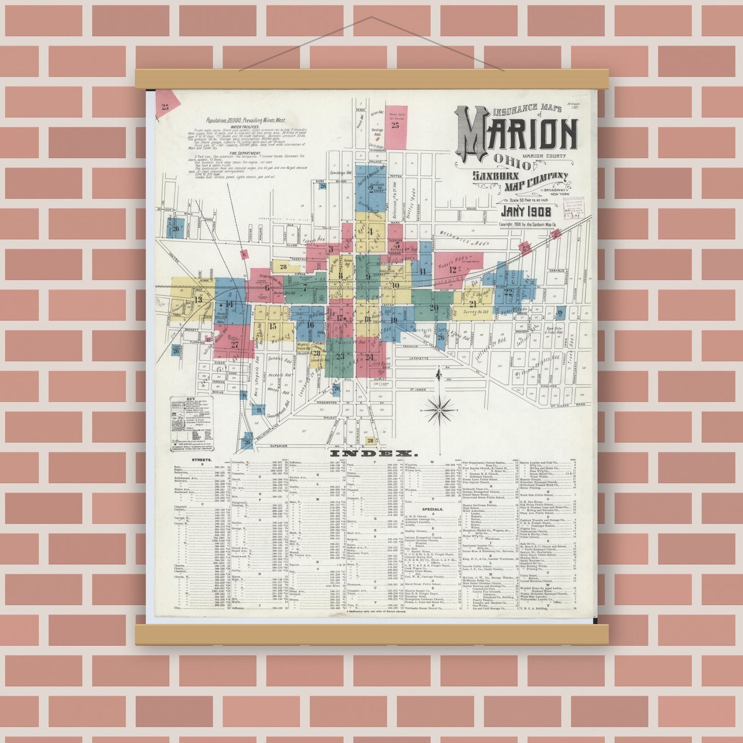 Old map wall art mockup — magnetic wood frame on brick wall — Sanborn Fire Insurance Map from Marion, Marion County, Ohio (1908) - Complete Map Set
