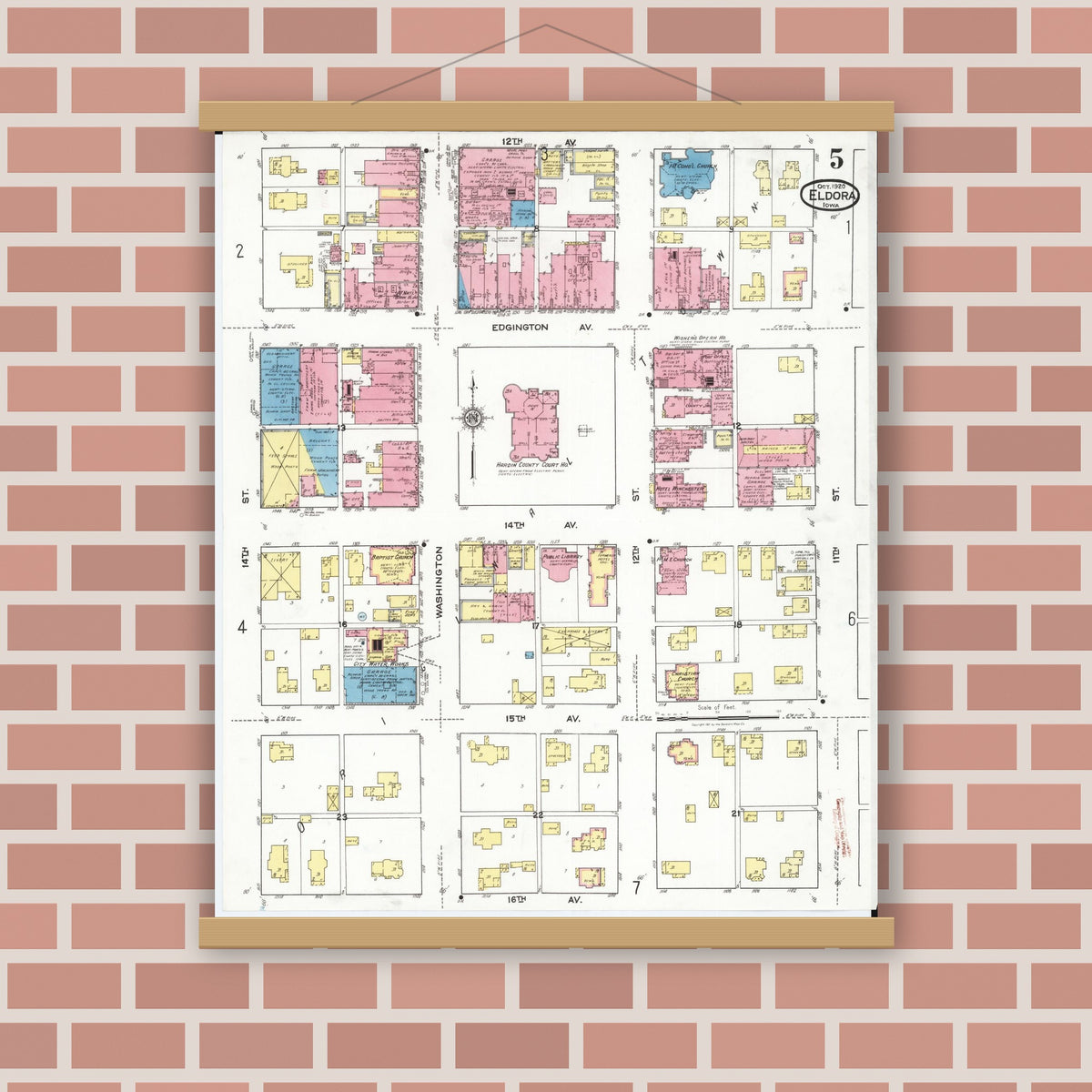 Old map wall art mockup — magnetic wood frame on brick wall — Sanborn Fire Insurance Map from Eldora, Hardin County, Iowa (1920), Sheet #0005