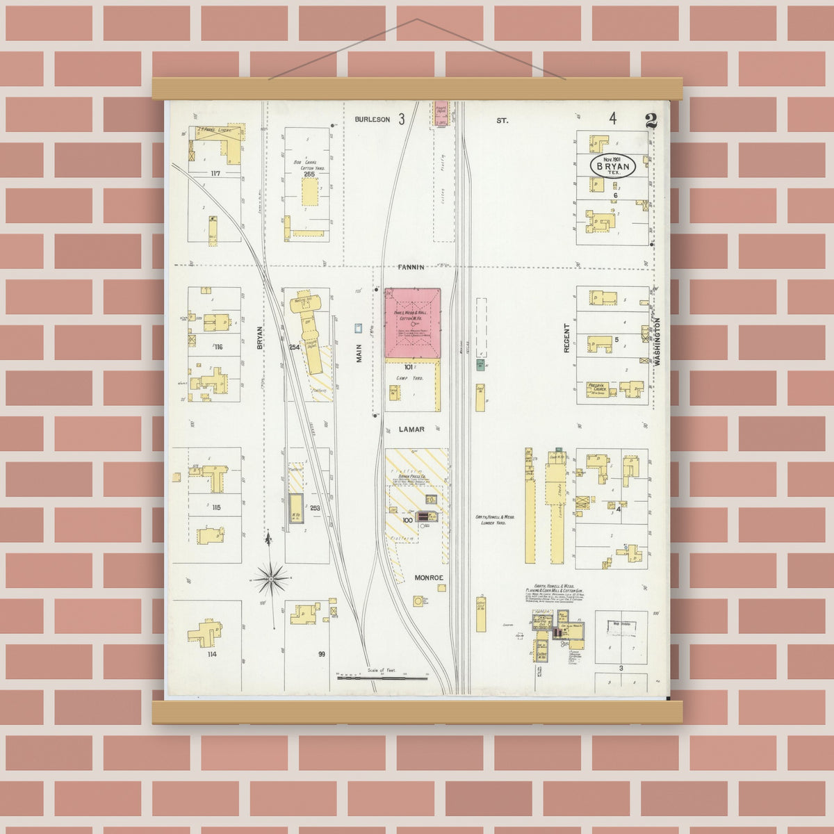 Old map wall art mockup — magnetic wood frame on brick wall — Sanborn Fire Insurance Map from Bryan, Brazos County, Texas (1901), Sheet #0002