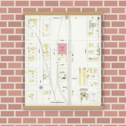 Old map wall art mockup — magnetic wood frame on brick wall — Sanborn Fire Insurance Map from Bryan, Brazos County, Texas (1901), Sheet #0002