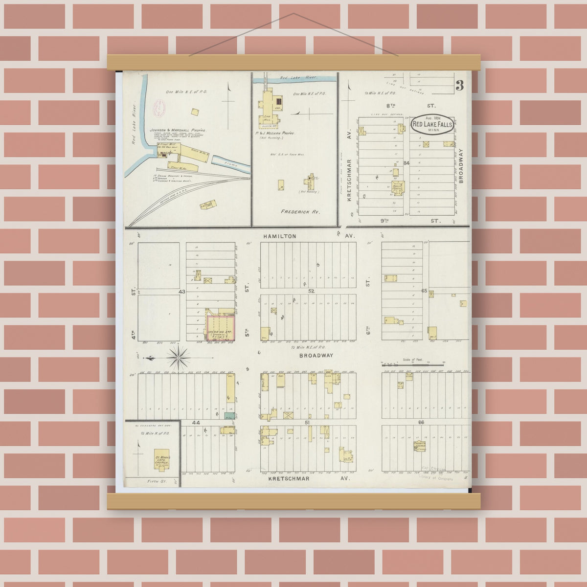 Old map wall art mockup — magnetic wood frame on brick wall — Sanborn Fire Insurance Map from Red Lake Falls, Red Lake County, Minnesota (1894), Sheet #0003