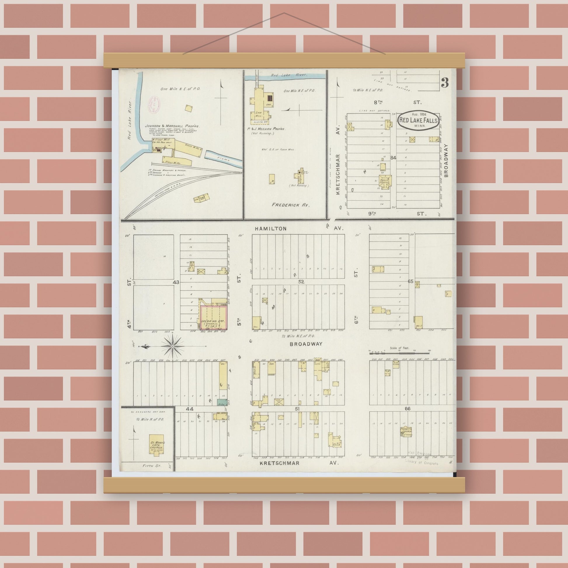 Old map wall art mockup — magnetic wood frame on brick wall — Sanborn Fire Insurance Map from Red Lake Falls, Red Lake County, Minnesota (1894), Sheet #0003