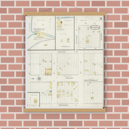 Old map wall art mockup — magnetic wood frame on brick wall — Sanborn Fire Insurance Map from Red Lake Falls, Red Lake County, Minnesota (1894), Sheet #0003