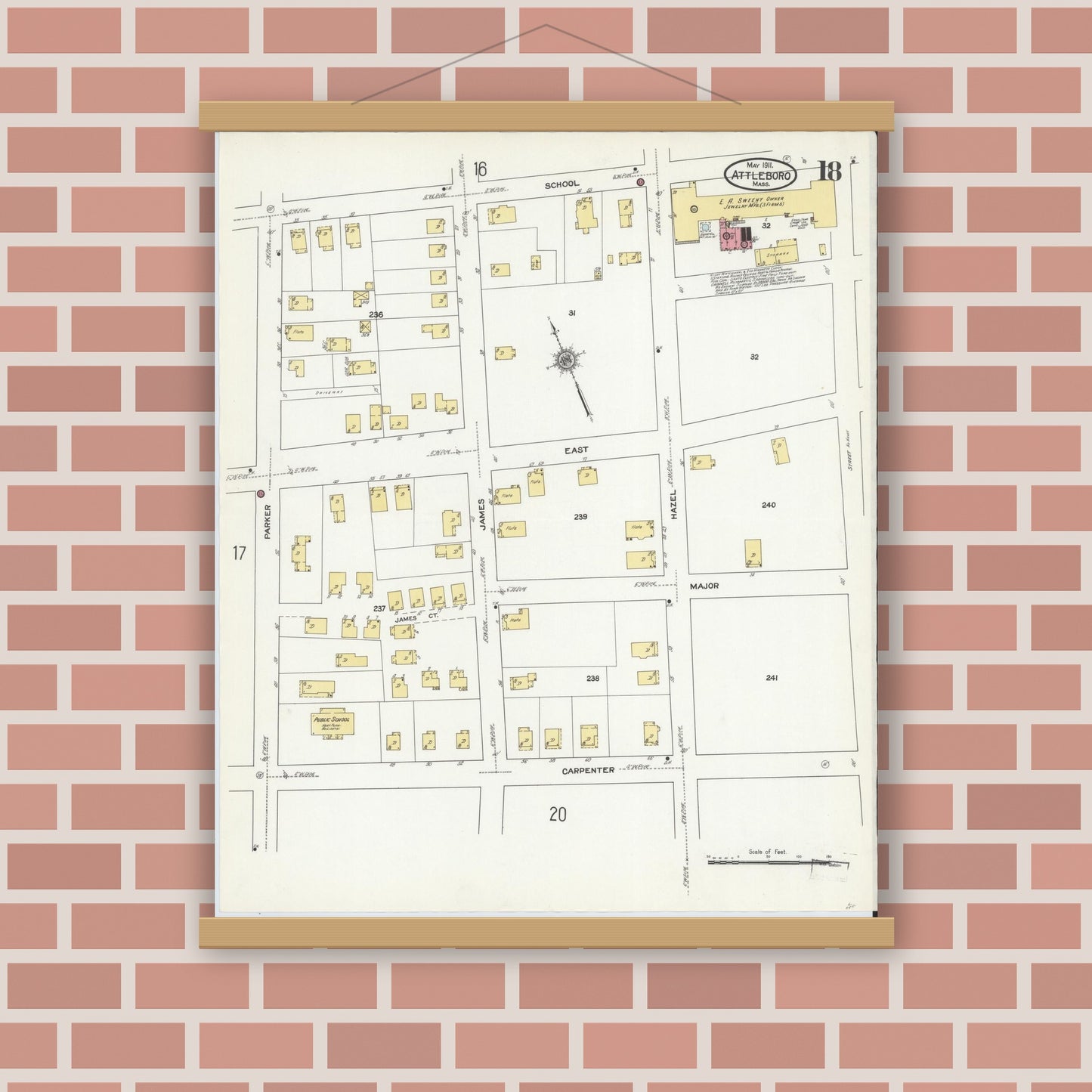 Old map wall art mockup — magnetic wood frame on brick wall — Sanborn Fire Insurance Map from Attleboro, Bristol County, Massachusetts (1911), Sheet #0018