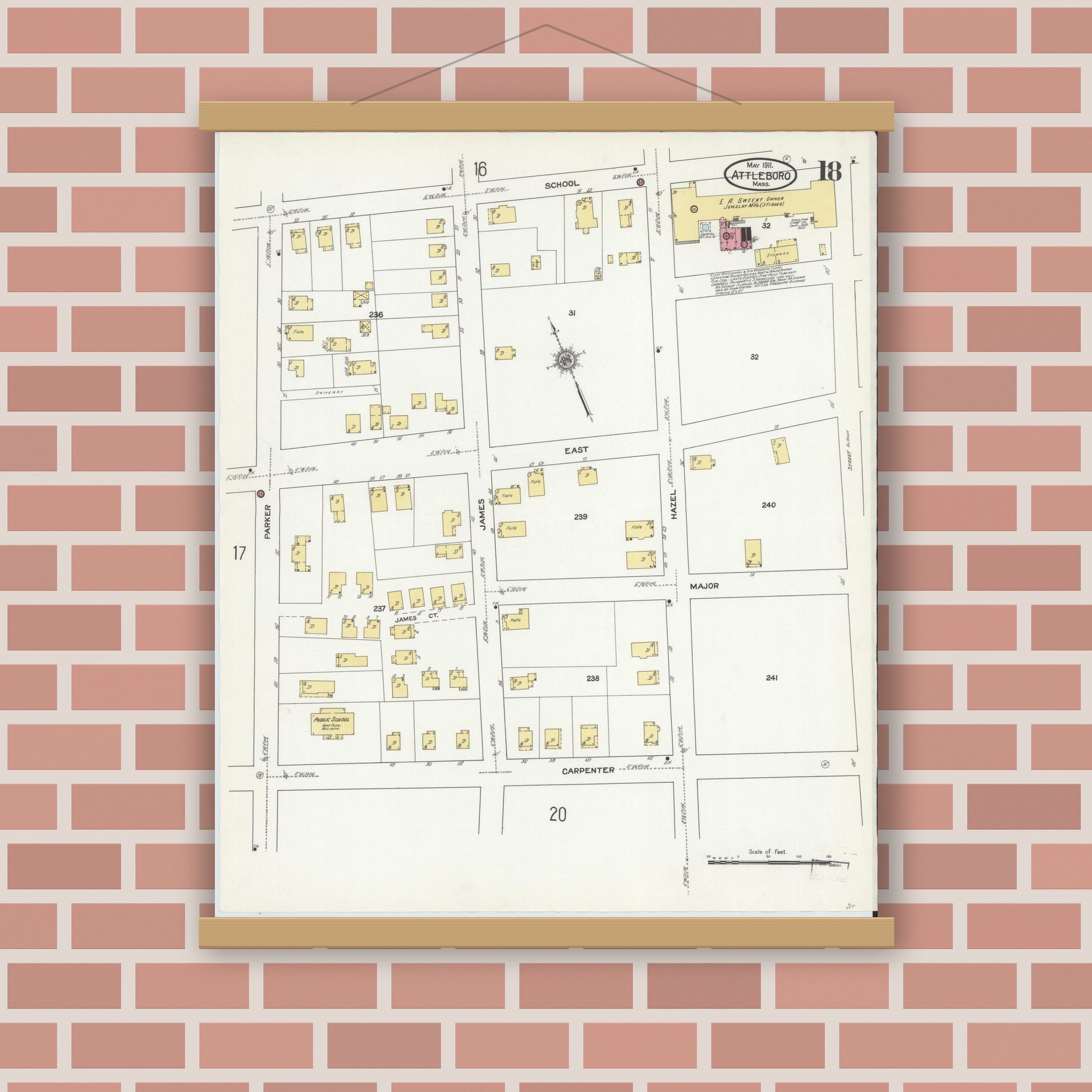 Old map wall art mockup — magnetic wood frame on brick wall — Sanborn Fire Insurance Map from Attleboro, Bristol County, Massachusetts (1911), Sheet #0018