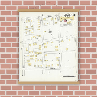 Old map wall art mockup — magnetic wood frame on brick wall — Sanborn Fire Insurance Map from Attleboro, Bristol County, Massachusetts (1911), Sheet #0018