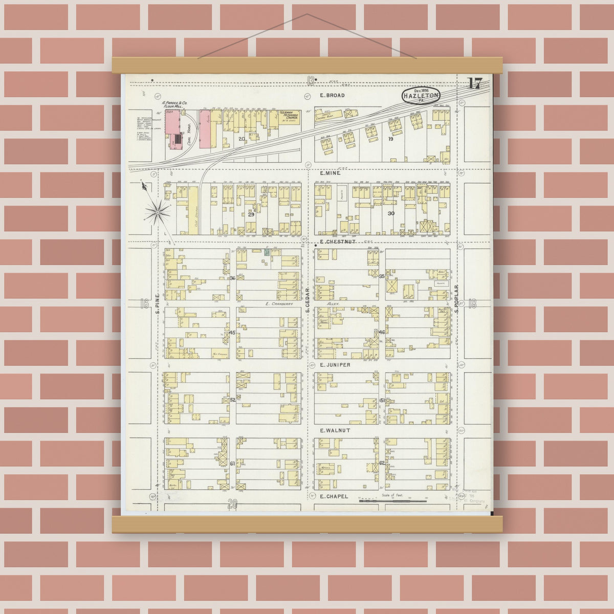 Old map wall art mockup — magnetic wood frame on brick wall — Sanborn Fire Insurance Map from Hazleton, Luzerne County, Pennsylvania (1895), Sheet #0017