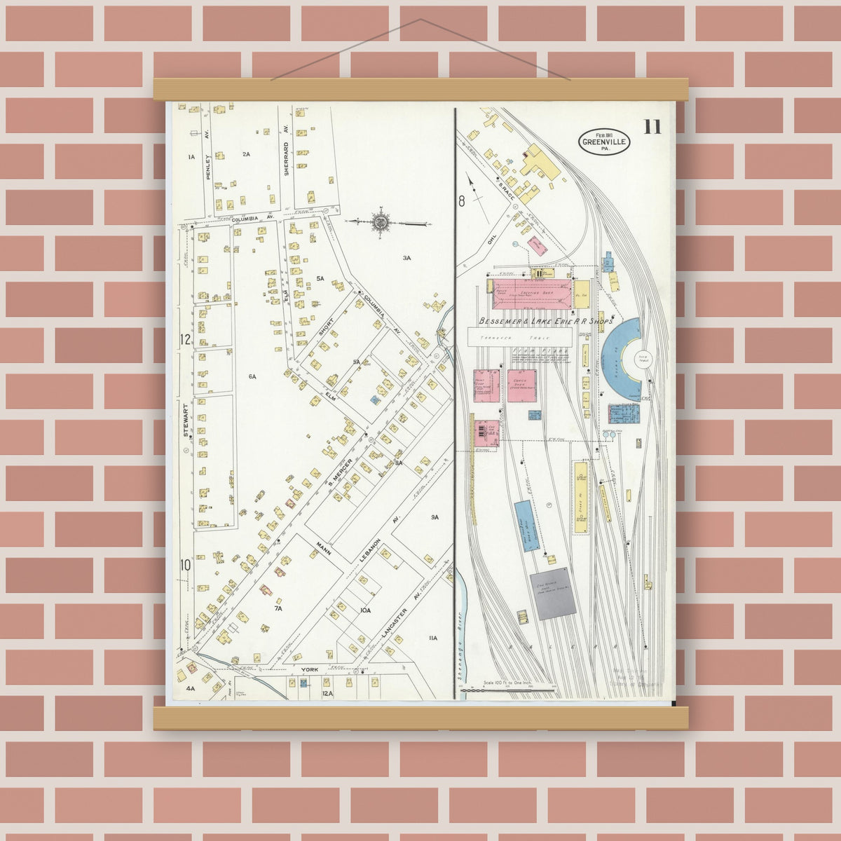 Old map wall art mockup — magnetic wood frame on brick wall — Sanborn Fire Insurance Map from Greenville, Mercer County, Pennsylvania (1911), Sheet #0011