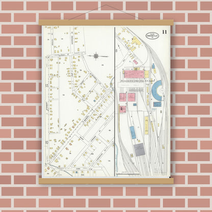 Old map wall art mockup — magnetic wood frame on brick wall — Sanborn Fire Insurance Map from Greenville, Mercer County, Pennsylvania (1911), Sheet #0011