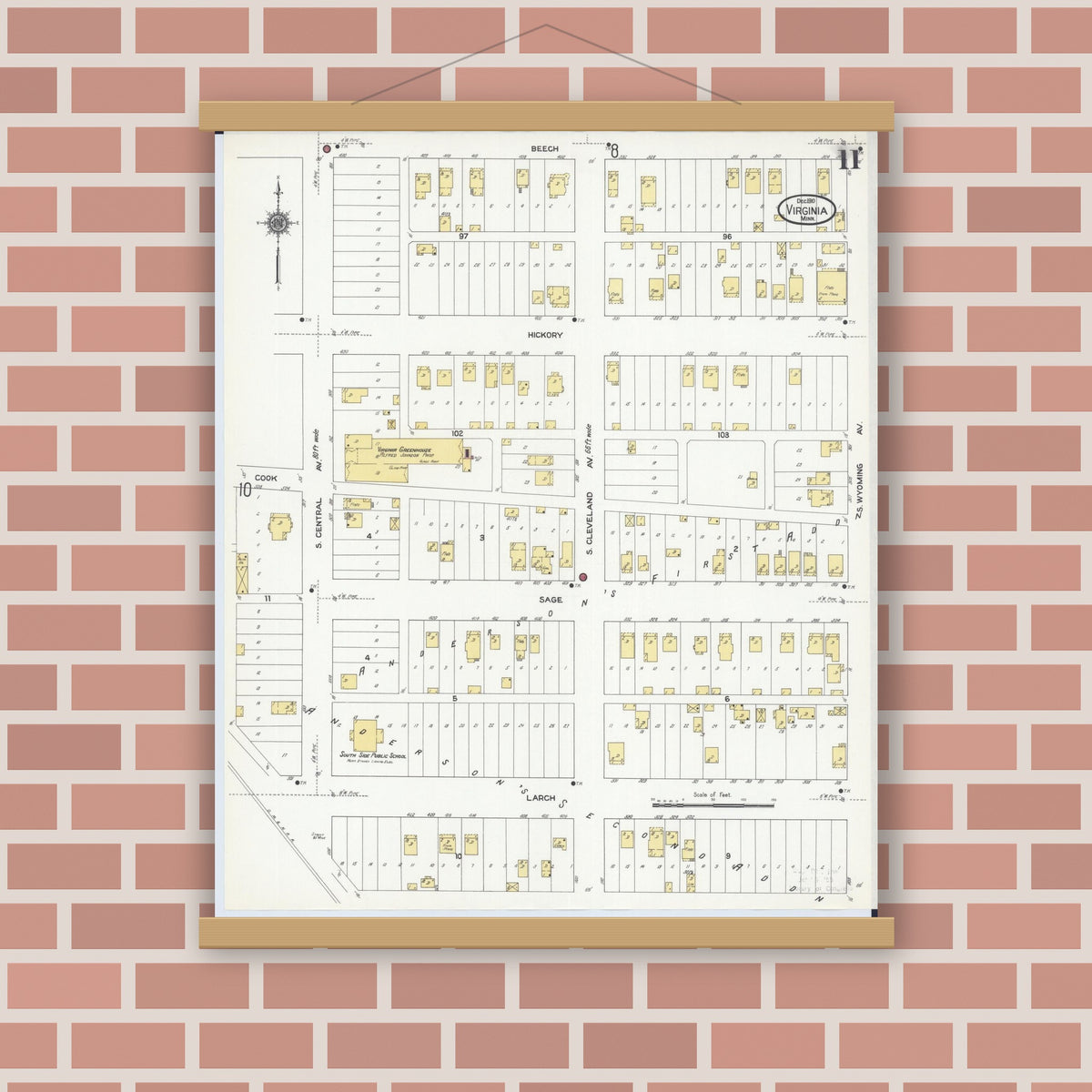 Old map wall art mockup — magnetic wood frame on brick wall — Sanborn Fire Insurance Map from Virginia, Saint Louis County, Minnesota (1910), Sheet #0011