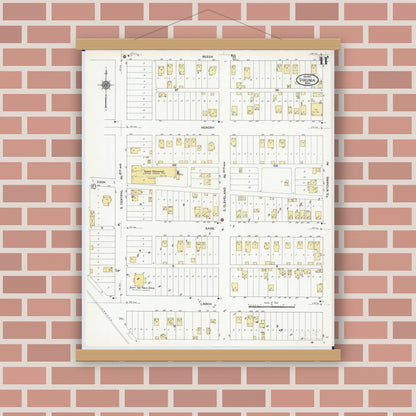 Old map wall art mockup — magnetic wood frame on brick wall — Sanborn Fire Insurance Map from Virginia, Saint Louis County, Minnesota (1910), Sheet #0011