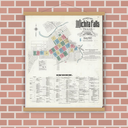 Old map wall art mockup — magnetic wood frame on brick wall — Sanborn Fire Insurance Map from Wichita Falls, Wichita County, Texas (1912) - Complete Map Set