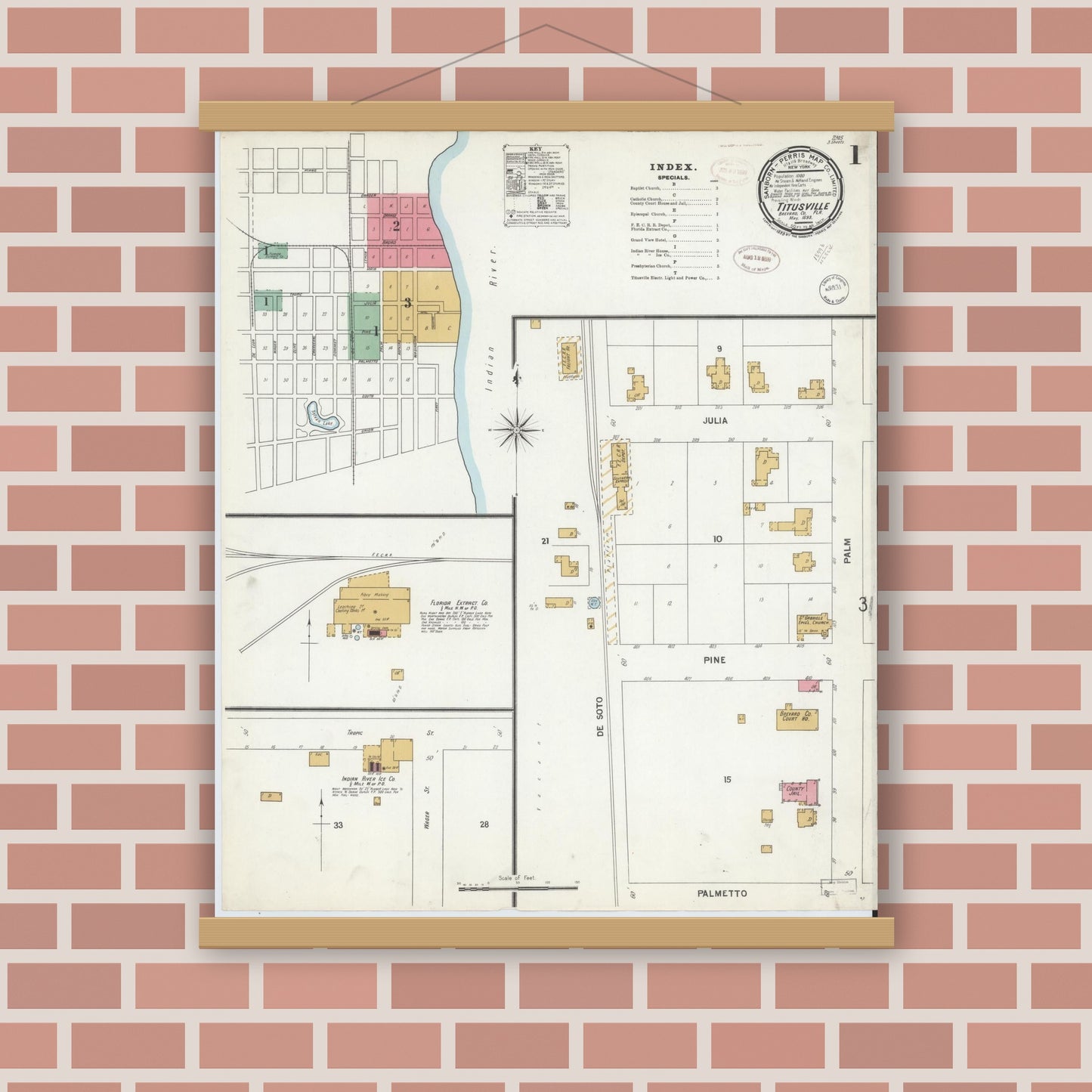 Old map wall art mockup — magnetic wood frame on brick wall — Sanborn Fire Insurance Map from Titusville, Brevard County, Florida (1899) - Complete Map Set