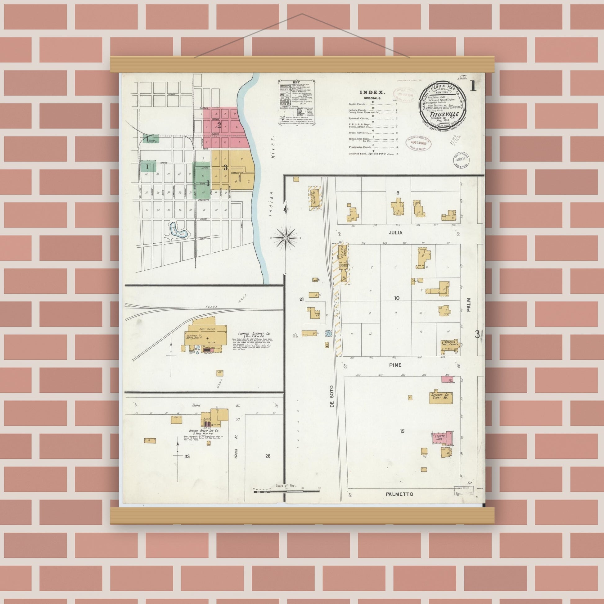 Old map wall art mockup — magnetic wood frame on brick wall — Sanborn Fire Insurance Map from Titusville, Brevard County, Florida (1899) - Complete Map Set