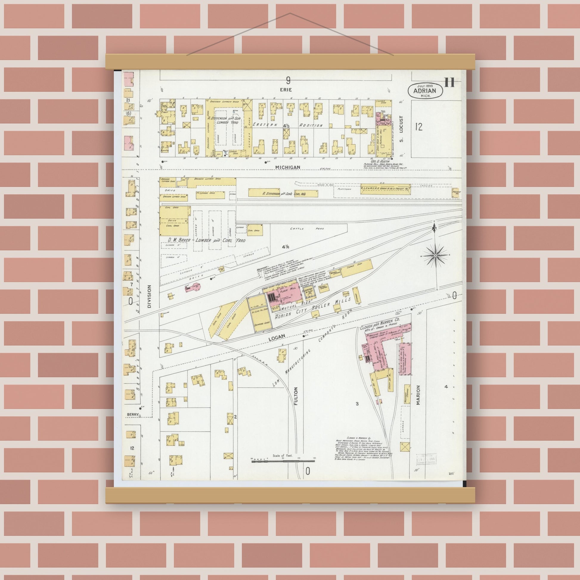 Old map wall art mockup — magnetic wood frame on brick wall — Sanborn Fire Insurance Map from Adrian, Lenawee County, Michigan (1899), Sheet #0011