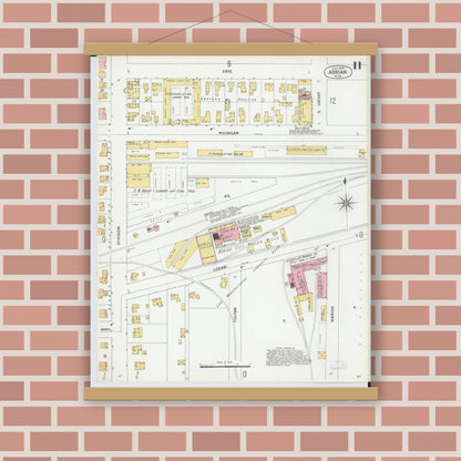 Old map wall art mockup — magnetic wood frame on brick wall — Sanborn Fire Insurance Map from Adrian, Lenawee County, Michigan (1899), Sheet #0011