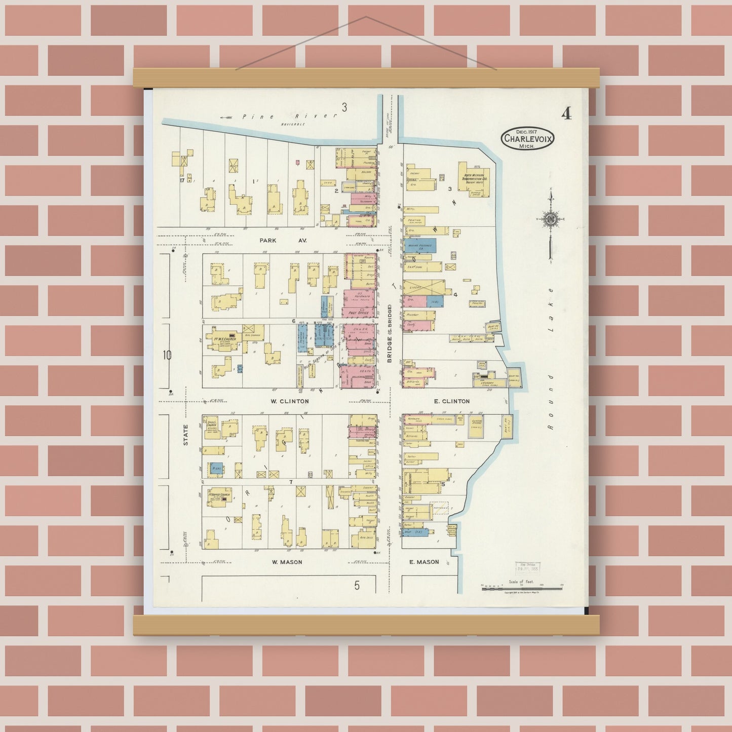 Old map wall art mockup — magnetic wood frame on brick wall — Sanborn Fire Insurance Map from Charlevoix, Charlevoix County, Michigan (1917), Sheet #0004