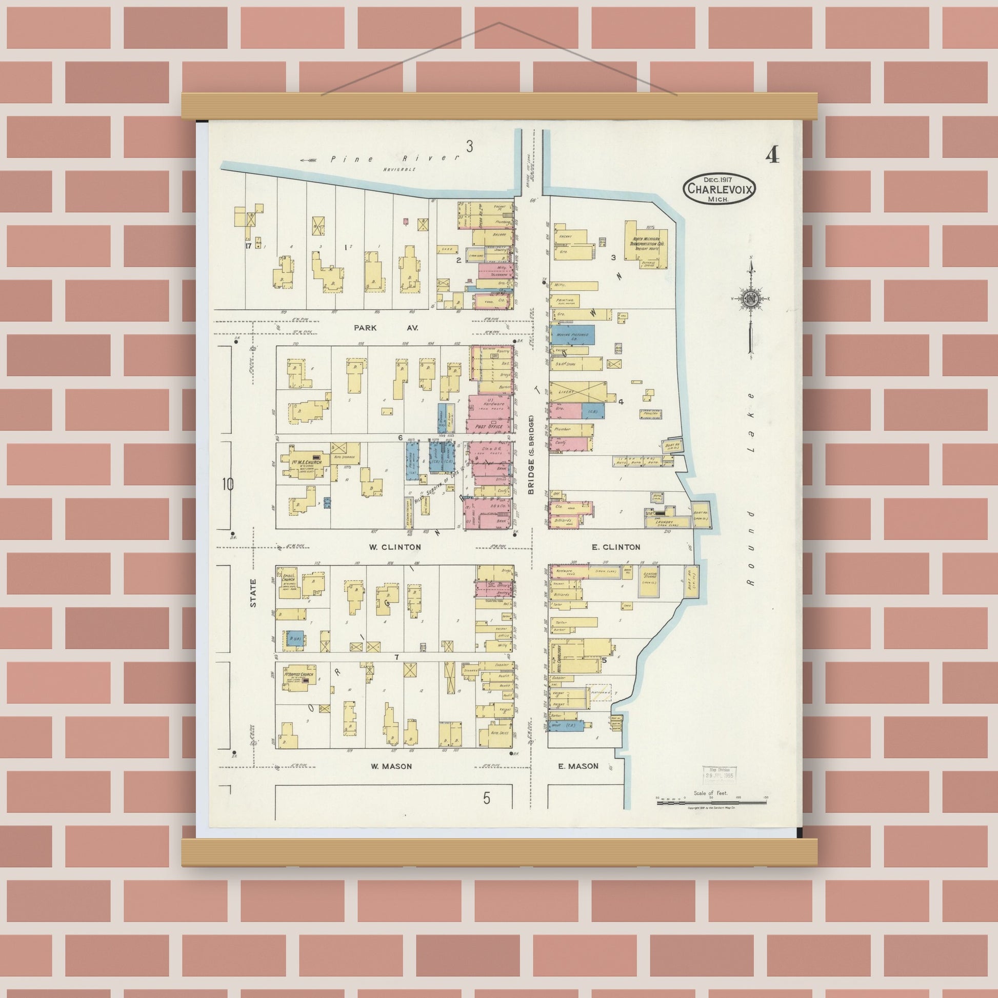 Old map wall art mockup — magnetic wood frame on brick wall — Sanborn Fire Insurance Map from Charlevoix, Charlevoix County, Michigan (1917), Sheet #0004