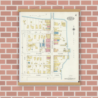 Old map wall art mockup — magnetic wood frame on brick wall — Sanborn Fire Insurance Map from Charlevoix, Charlevoix County, Michigan (1917), Sheet #0004