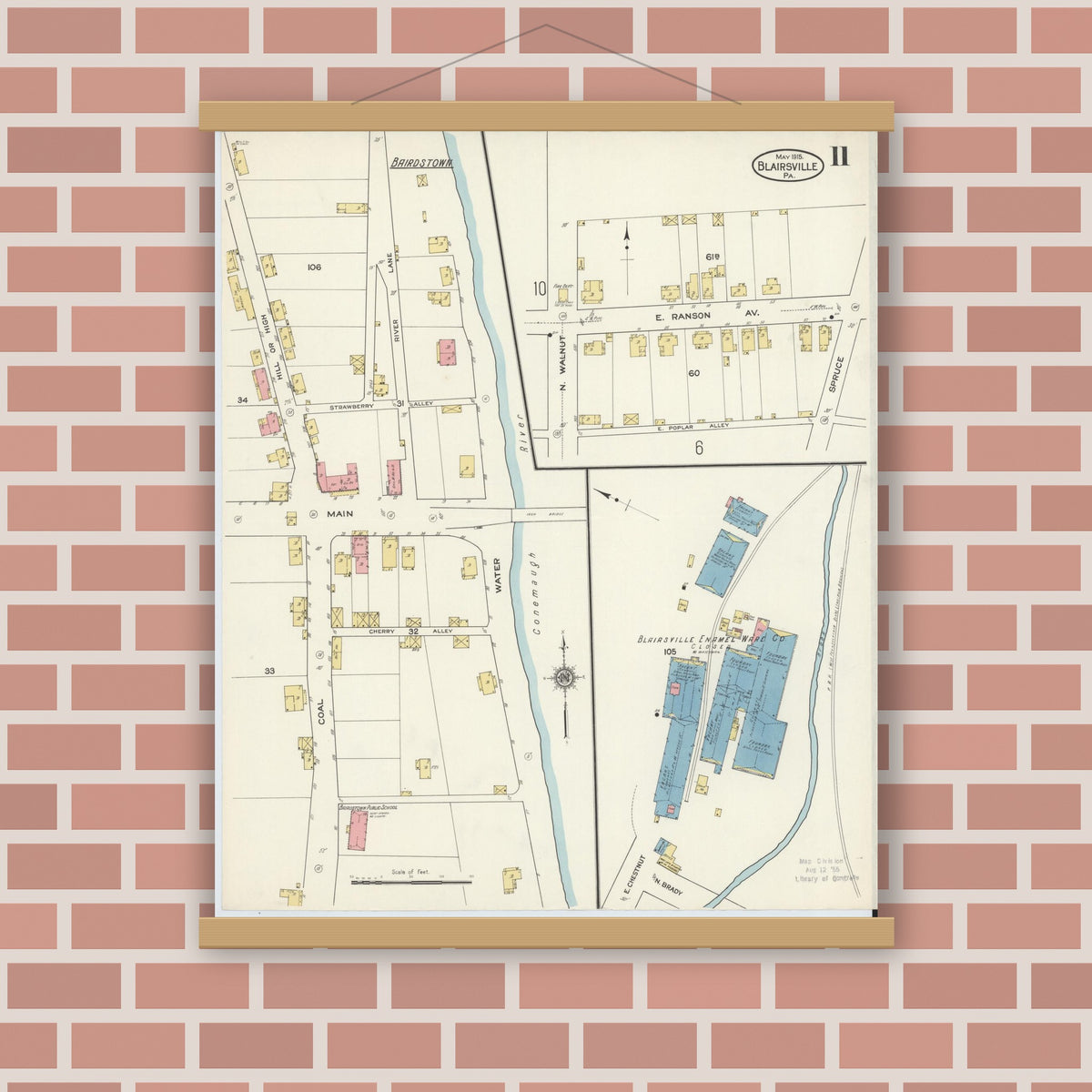 Old map wall art mockup — magnetic wood frame on brick wall — Sanborn Fire Insurance Map from Blairsville, Indiana County, Pennsylvania (1915), Sheet #0011