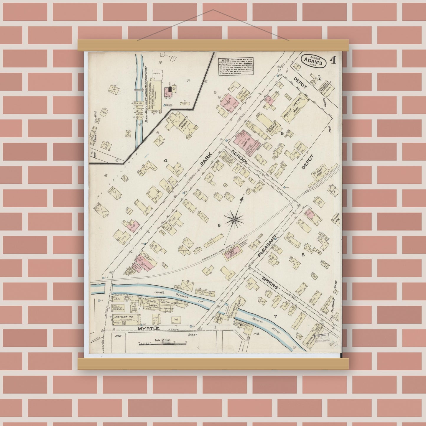 Old map wall art mockup — magnetic wood frame on brick wall — Sanborn Fire Insurance Map from Adams, Berkshire County, Massachusetts (1884), Sheet #0004