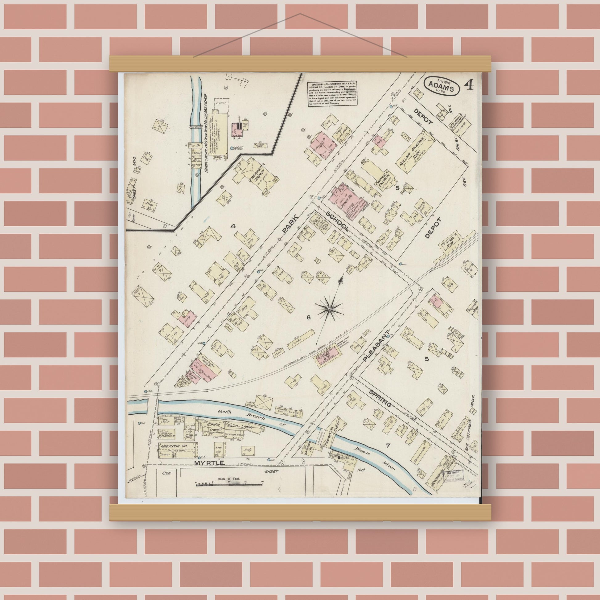 Old map wall art mockup — magnetic wood frame on brick wall — Sanborn Fire Insurance Map from Adams, Berkshire County, Massachusetts (1884), Sheet #0004