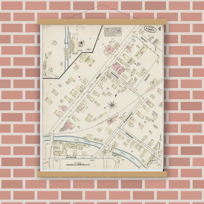 Old map wall art mockup — magnetic wood frame on brick wall — Sanborn Fire Insurance Map from Adams, Berkshire County, Massachusetts (1884), Sheet #0004