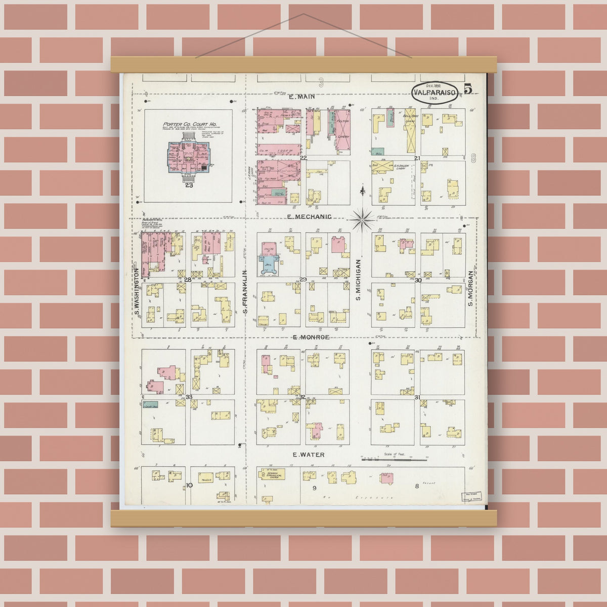 Old map wall art mockup — magnetic wood frame on brick wall — Sanborn Fire Insurance Map from Valparaiso, Porter County, Indiana (1892), Sheet #0005