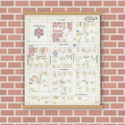 Old map wall art mockup — magnetic wood frame on brick wall — Sanborn Fire Insurance Map from Valparaiso, Porter County, Indiana (1892), Sheet #0005