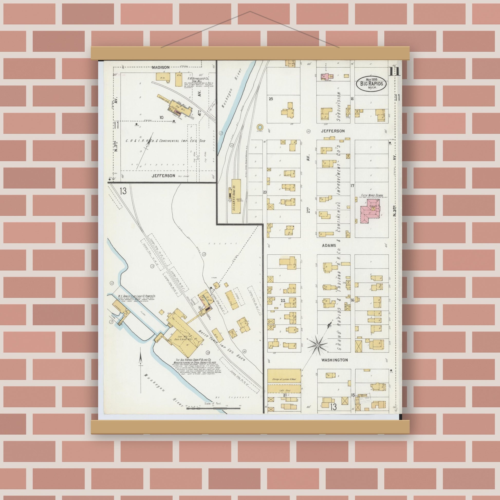 Old map wall art mockup — magnetic wood frame on brick wall — Sanborn Fire Insurance Map from Big Rapids, Mecosta County, Michigan (1899), Sheet #0011