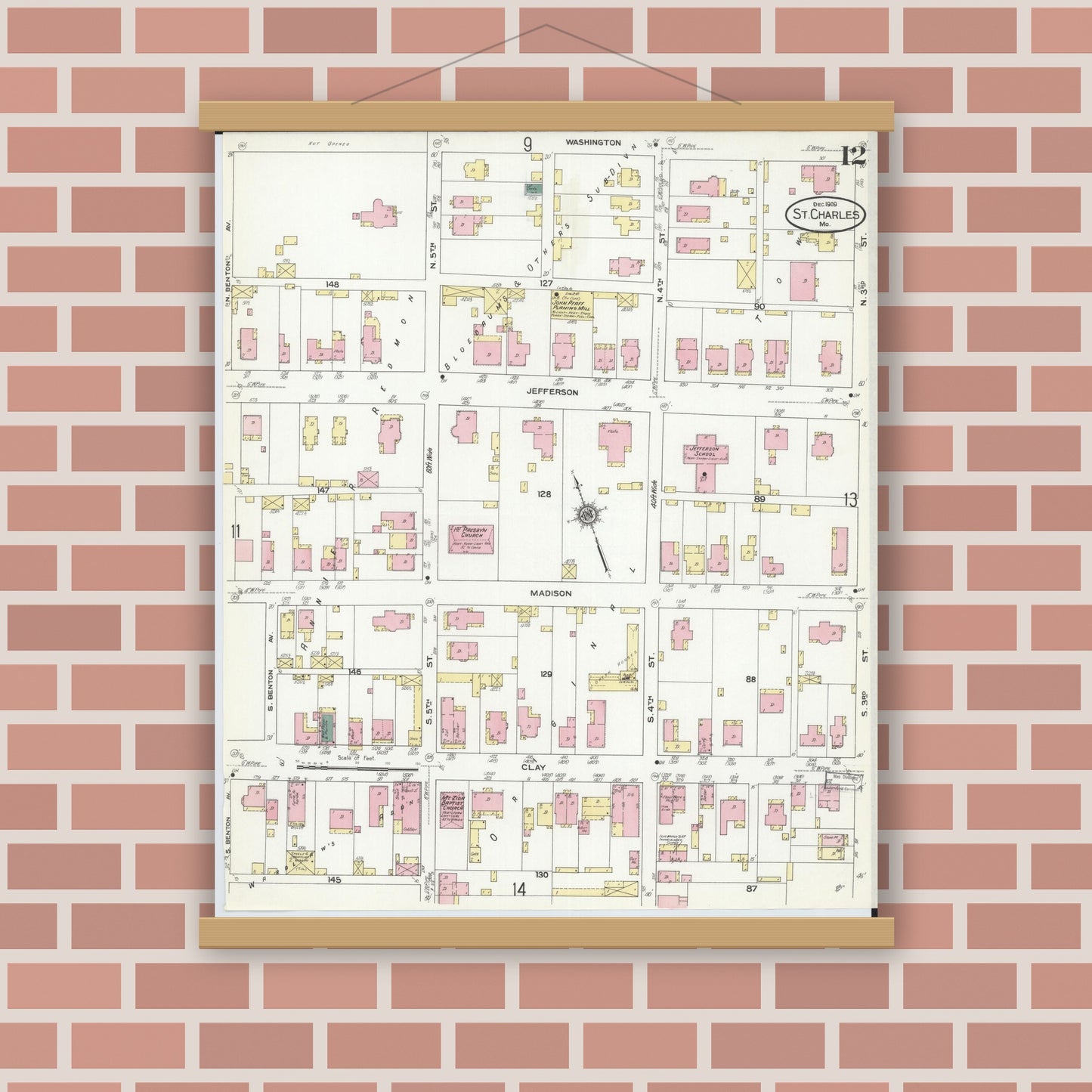 Old map wall art mockup — magnetic wood frame on brick wall — Sanborn Fire Insurance Map from Saint Charles, Saint Charles County, Missouri (1909), Sheet #0012