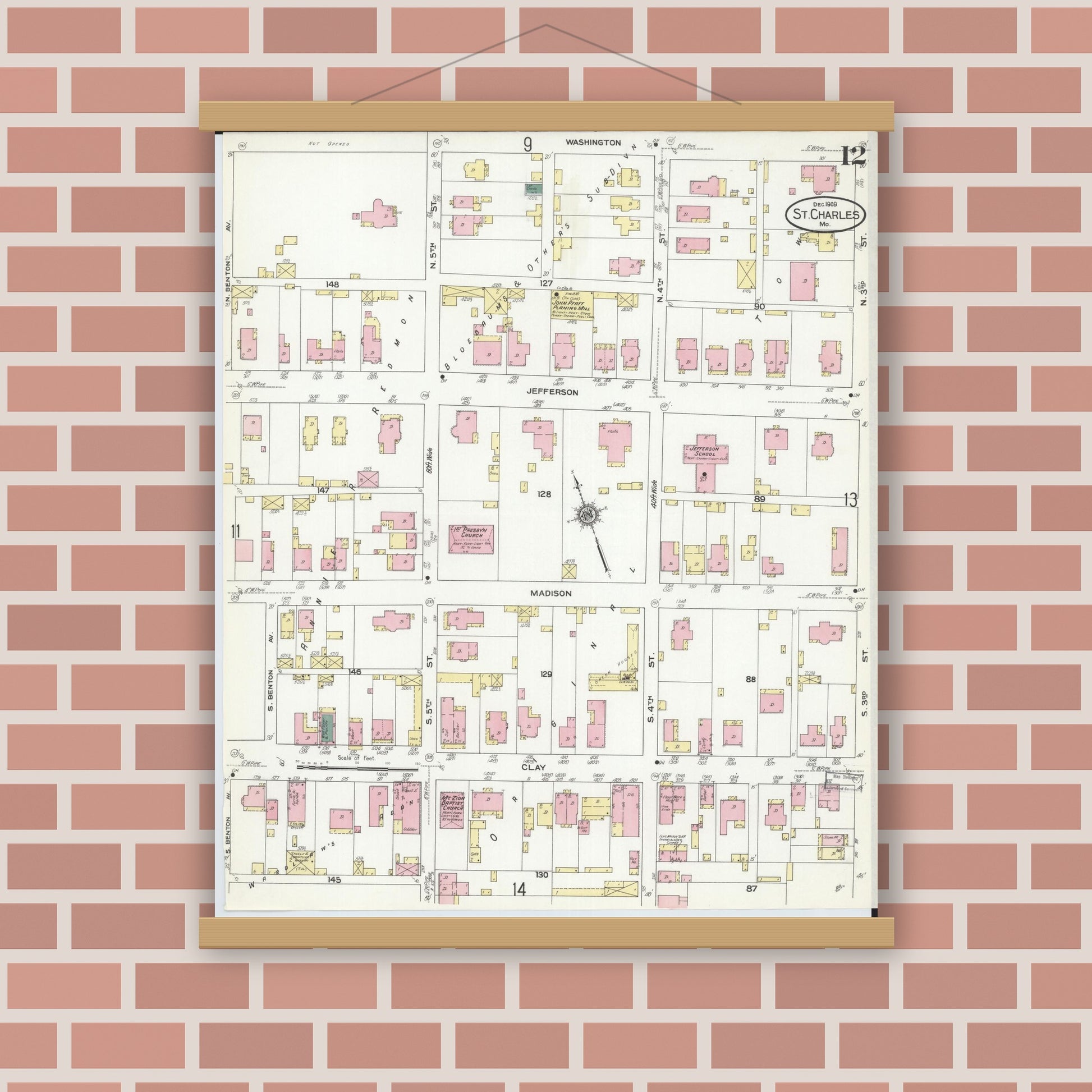 Old map wall art mockup — magnetic wood frame on brick wall — Sanborn Fire Insurance Map from Saint Charles, Saint Charles County, Missouri (1909), Sheet #0012