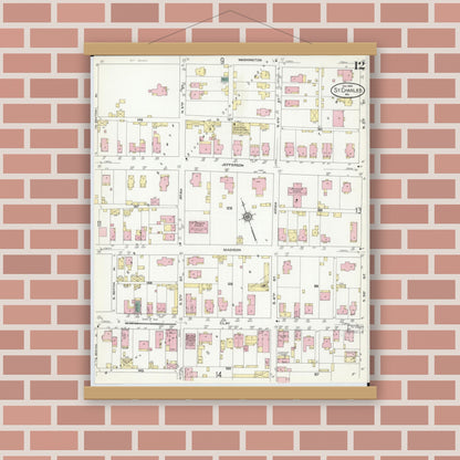Old map wall art mockup — magnetic wood frame on brick wall — Sanborn Fire Insurance Map from Saint Charles, Saint Charles County, Missouri (1909), Sheet #0012