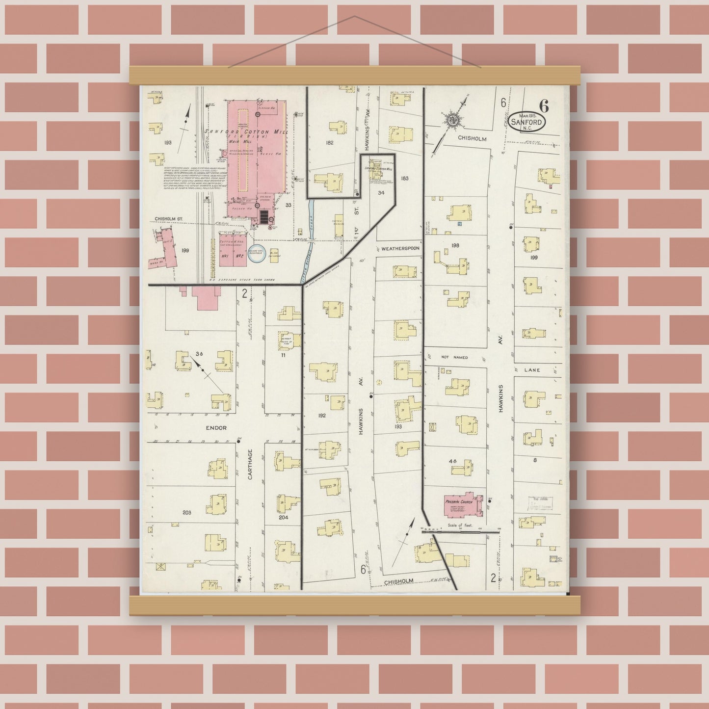 Old map wall art mockup — magnetic wood frame on brick wall — Sanborn Fire Insurance Map from Sanford, Lee County, North Carolina (1915), Sheet #0006
