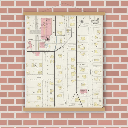 Old map wall art mockup — magnetic wood frame on brick wall — Sanborn Fire Insurance Map from Sanford, Lee County, North Carolina (1915), Sheet #0006