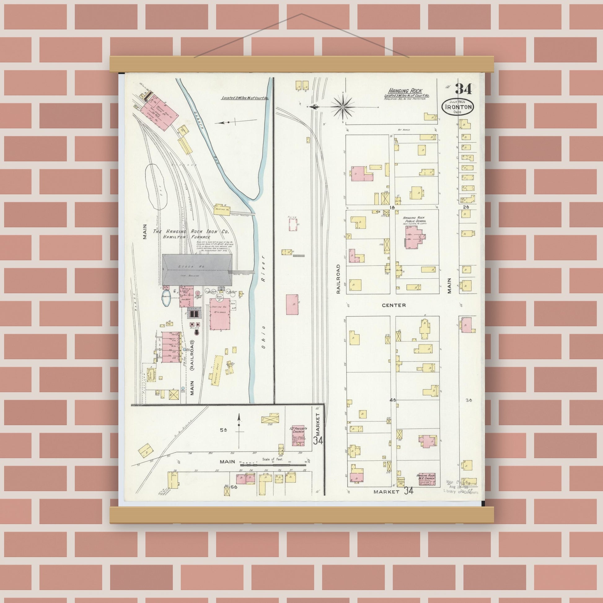 Old map wall art mockup — magnetic wood frame on brick wall — Sanborn Fire Insurance Map from Ironton, Lawrence County, Ohio (1909), Sheet #0034