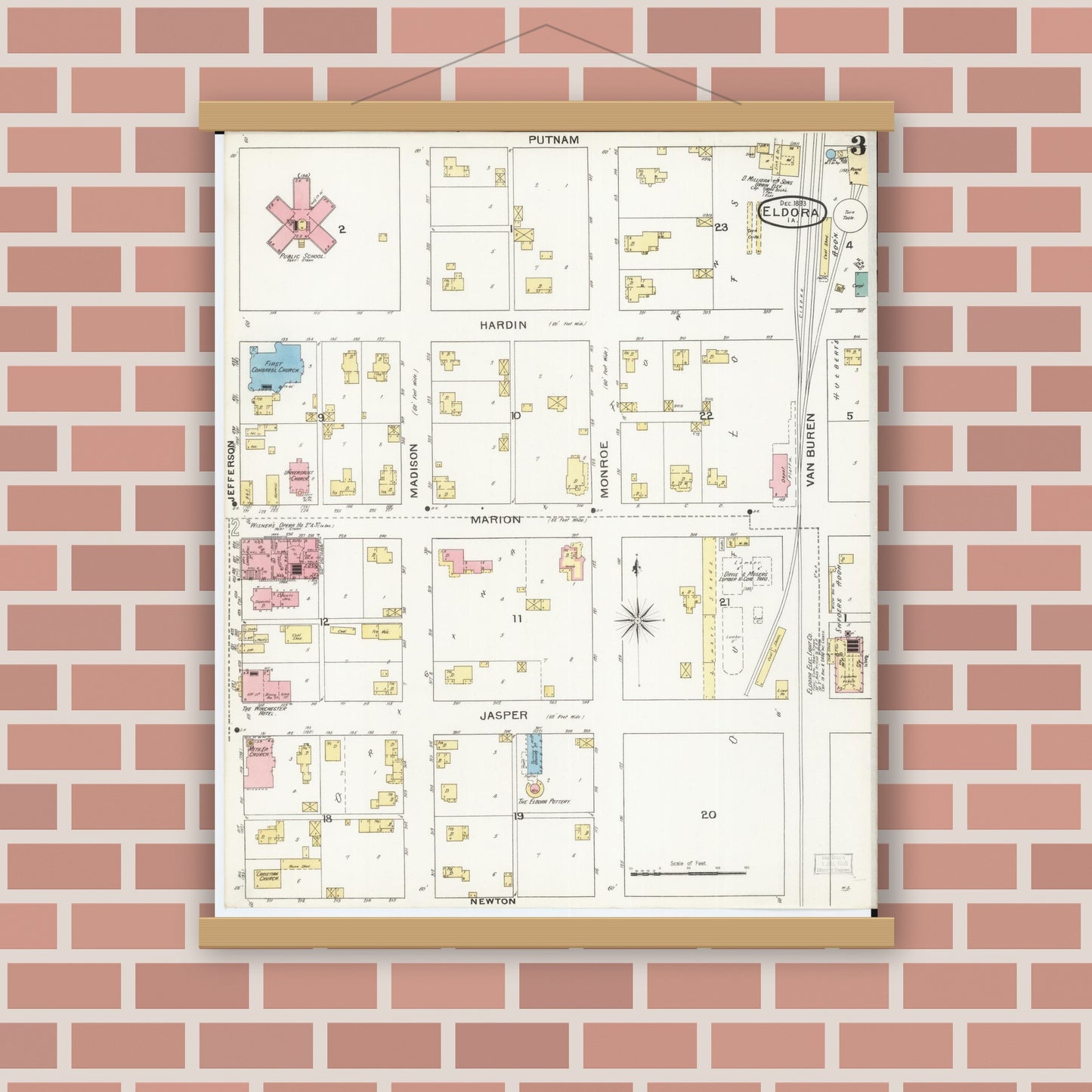 Old map wall art mockup — magnetic wood frame on brick wall — Sanborn Fire Insurance Map from Eldora, Hardin County, Iowa (1893), Sheet #0003
