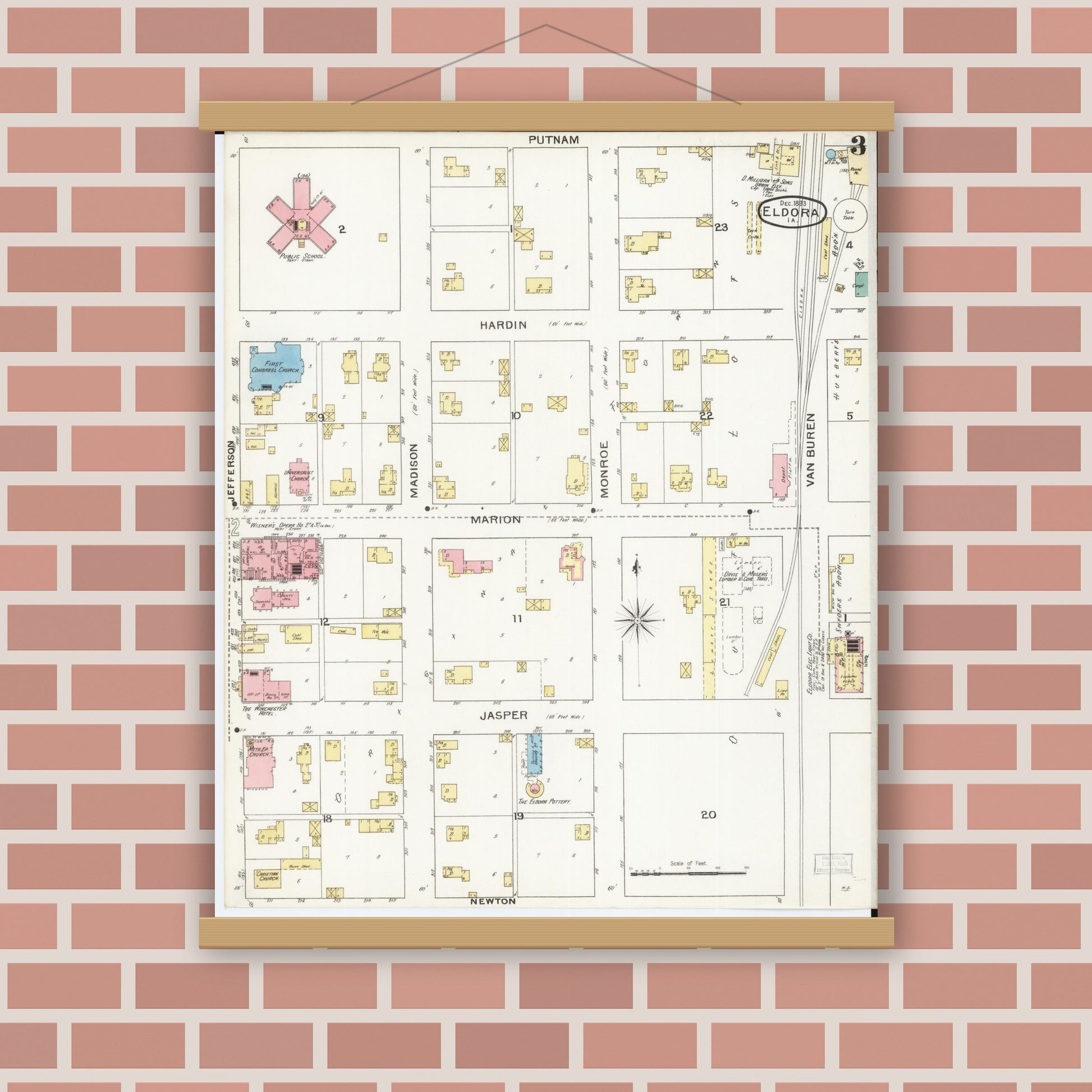 Old map wall art mockup — magnetic wood frame on brick wall — Sanborn Fire Insurance Map from Eldora, Hardin County, Iowa (1893), Sheet #0003