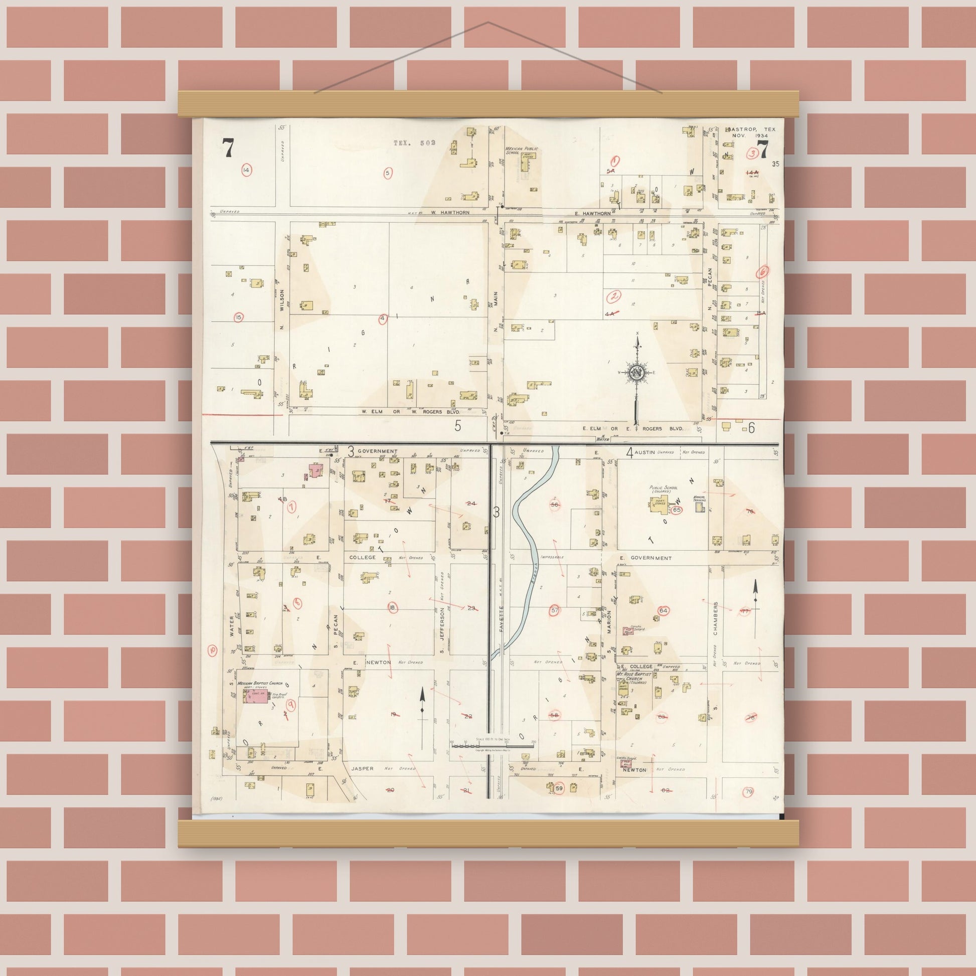 Old map wall art mockup — magnetic wood frame on brick wall — Sanborn Fire Insurance Map from Bastrop, Bastrop County, Texas (1944), Sheet #0007