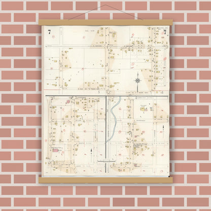Old map wall art mockup — magnetic wood frame on brick wall — Sanborn Fire Insurance Map from Bastrop, Bastrop County, Texas (1944), Sheet #0007